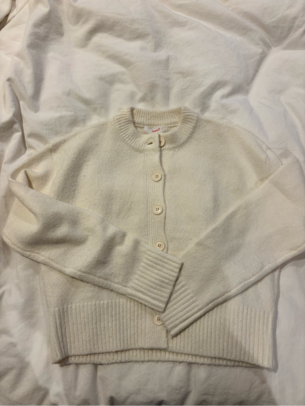 Women's Cream Button-Up Rib Trim Cardigan Sweater